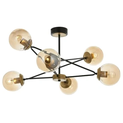 Afbeelding van Abiga 6 lichts hanglamp D80cm Antiek goud metaal en geel amber glas Menzzo