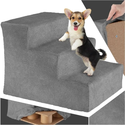 Afbeelding van tectake® hondentrap of kattentrap, huisdiertrap, instaphulp met wasbare hoes, extra vlakke trap, huisdiertrap voor bank, bed auto (grijs, 37 x 45 34,5 cm)