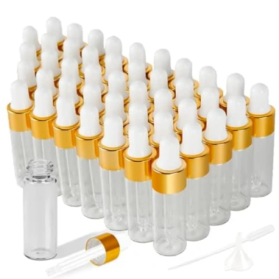 Afbeelding van XiYee Mini pipetflessen, 3/5 ml transparante glazen fles met druppelpipet, voor etherische olie, aromatherapie, massage, geuroliemonster, 50 stuks, goudkleurig, 5