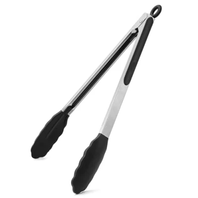 Afbeelding van WISYOK 30 cm keukentang, grilltang, hittebestendig, kooktang met roestvrij staal en siliconen punt, tang, vleestang, pastastang voor koken, grillen (zwart)