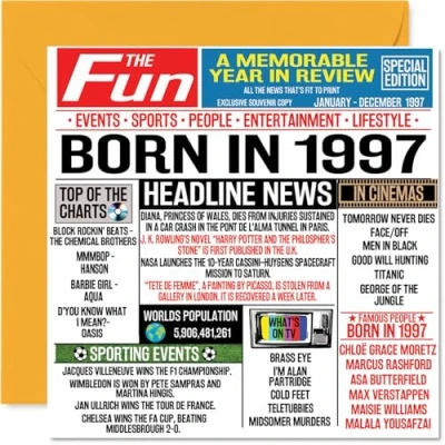 Afbeelding van 27e verjaardagskaarten voor mannen vrouwen geboren in 1997 krant Happy 27 verjaardagskaart broer zus vrienden vintage retro terug 1997, 145 mm x zevenentwintigste