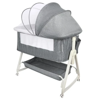 Afbeelding van Babybedje met matras 3 in 1, ultra reiswieg, cabriolet, opbergmand en luifel inbegrepen, voor pasgeborenen 0 36 maanden 6 traps hoogteverstelling schuine 92 * 52 106 118 cm linnengrijs