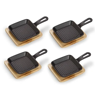 Afbeelding van ECHTWERK Serveerpan van gietijzer, vierkante ovenschaal met serveerplank, grillstrepen, al ingebrand, geschikt voor oven, barbecue, barbecue en inductie, ideaal het serveren, 4 delig
