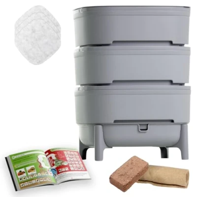 Afbeelding van WORMcube Grijs Design &amp; Compact I 3 baks Wormenbak Complete set Wormverdrinking Stopfilter