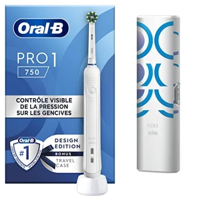 Afbeelding van Oral B Pro 1 750 elektrische tandenborstel met kop en reisetui, ontworpen door Braun wit, originele cadeaus
