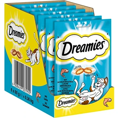 Afbeelding van Dreamies klassieke kattensnacks met zalm fantastisch knapperige zakken zachte vulling 6 x 60 g