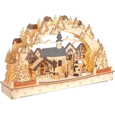 Afbeelding van BRUBAKER 3D lichtboog, led groot kerstdorp 2024, kerstverlichting van natuurlijk hout, 27 x 45 12 cm, handbeschilderde figuren, kerstdecoratie voor tafel en raam