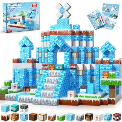 Afbeelding van Goody King Magnetische Bouwstenen met 100 Stuks Magneetdobbelstenen, Bouw je ijs en Sneeuwwereld, Montessori Speelgoed vanaf 4 jaar, Bouwblokken, Kerstcadeaus voor Kinderen