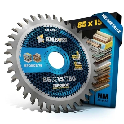 Afbeelding van HM cirkelzaagblad 85x15 Z30 trapeziumplatte tand voor aluminium. AMBOSS WERKZEUGE® zaagblad 85 mm comp. Bosch GKS 12V 26. 10.8. Makita HS 300 301. Worx Versacut 420. WESCO en nog veel