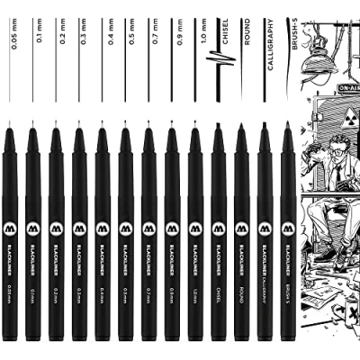 Afbeelding van Molotow Blackliner Complete 13 delige set (lijndikte 0,05 mm tot 1,0 &amp; speciale punten, fineliner met permanente, onuitwisbare inkt) stuks zwart