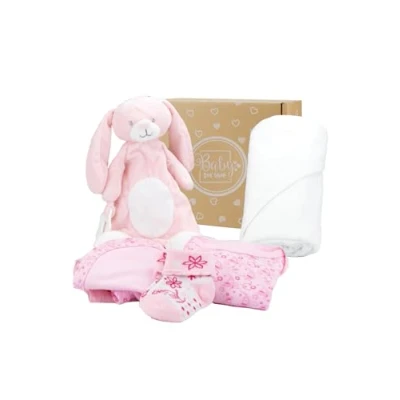 Afbeelding van baby Box Shop 6 Essentials voor pasgeboren meisje, ideale shower geschenken en doop meisjes, inclusief een dekbed, roze capuchon babyhanddoek, mousseline doek