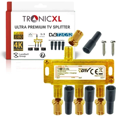 Afbeelding van TronicXL Sat splitter 3 voudig HD geschikte digitale antenneverdeler TV verdeler + F stekker adapter met weerbescherming DC doorgang compatibel DVBT DVBC kabeltelevisie