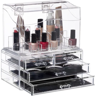 Afbeelding van Relaxdays make up organizer acrylbox met deksel 18 vakken 4 lades opbergdoos doorzichtig