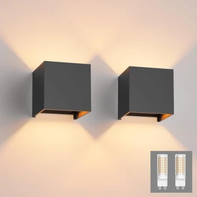 Afbeelding van Klighten 2 stuks moderne LED wandlampen omhoog en omlaag wandlamp binnen/buiten wandkandelaars voor woonkamer, slaapkamer, hal, warm wit 3000K, donkergrijs (G9 lamp inbegrepen)