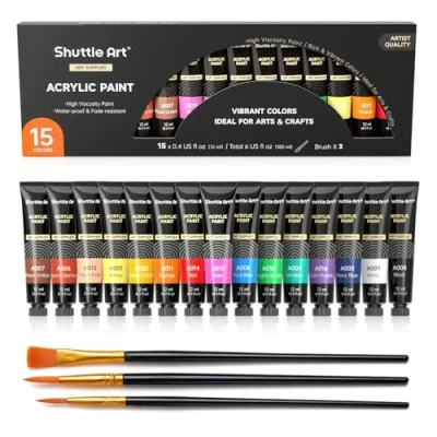 Afbeelding van Shuttle Art Acrylverfset, 15 x 12 ml tubes kunstenaarskwaliteit, niet giftig, rijke pigmenten, kleuren, perfect voor kinderen en volwassenen, beginners, kunstenaars, schilderen op canvas, houtklei,