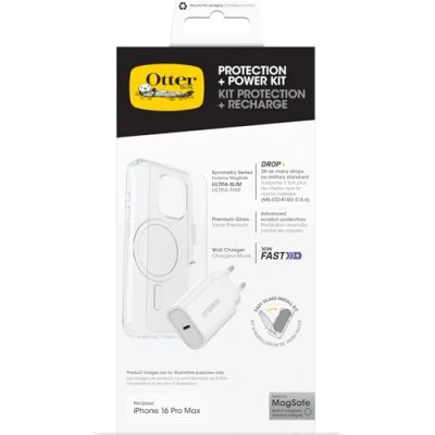 Afbeelding van OtterBox Protection Bundel voor iPhone 16 Pro Max; Symmetry Series Clear MagSafe Dunne Beschermende Hoes, Premium Glass Screenprotector en EU 30W USB C Snelle wandoplader