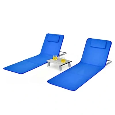 Afbeelding van COSTWAY Set van 2 strandmatten met bijzettafel, hoofdkussen en opbergvak, ligmat verstelbare rugleuning, opvouwbare zonmat, licht, draagbaar, strandstoel voor het strand (blauw)