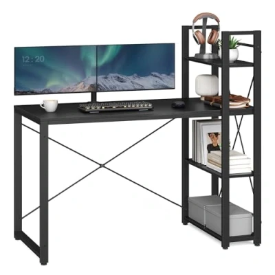 Afbeelding van VASAGLE Bureau, computertafel met planken rechts of links, 120 cm brede bureautafel, voor werkkamer, thuiskantoor, eenvoudige montage, ebbenzwart LWD048B56