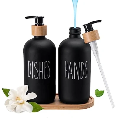 Afbeelding van Elegante zeepdispenser van glas met dienblad zwart en wit voor badkamer keuken inhoud 500 ml (zwart)