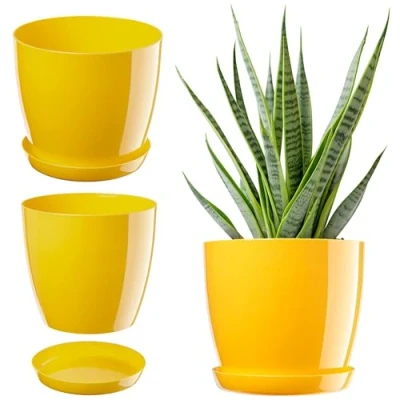 Afbeelding van Kadax bloempot, plantenpot met onderschotel, ronde bloempot voor binnenshuis, elegante sierpot van kunststof, bloemen en planten, lichtgewicht (Ø 20 cm, geel)