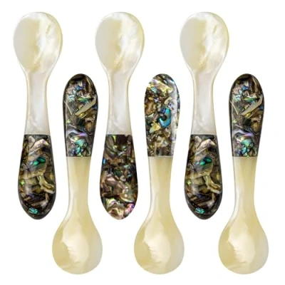 Afbeelding van DUEBEL Set van 6 kaviaarlepels Abalone handvat, 10 cm parelmoer lepels voor kaviaar serveren, eieren catering evenement servies, restaurant tafeldecoratie