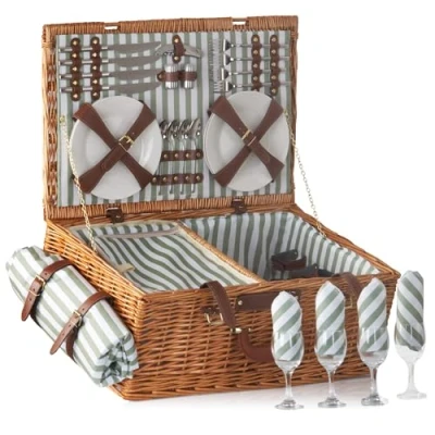 Afbeelding van CampFeuer Picknickmand voor 4 personen, met serviesset en koelvak, 29 delig, picknickkoffer, rieten mand kunstleren riem, picknicktas, picknickset, complete set
