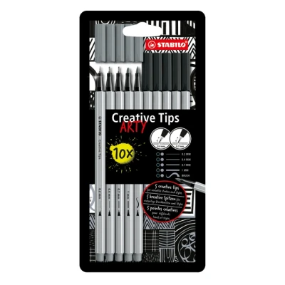 Afbeelding van STABILO Creative Tips Pennenset Met diverse puntdiktes ARTY Etui 10 Stuks Zwart, Grijs
