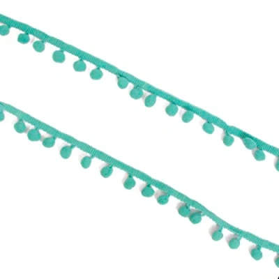 Afbeelding van Craftelier Band met pompon voor het decoreren van knutselprojecten en scrapbooking, polyester, breedte 12 mm lengte 2 m, turquoise blauw