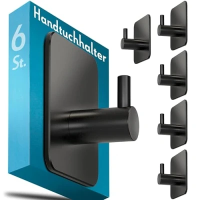 Afbeelding van Menz Handdoekhouder zonder boren, 6 stuks handdoekhaken badkamer roestvrij staal, waterdichte kleefhaken, stijlvolle haken zelfklevend als wandhaak, kleur zwart