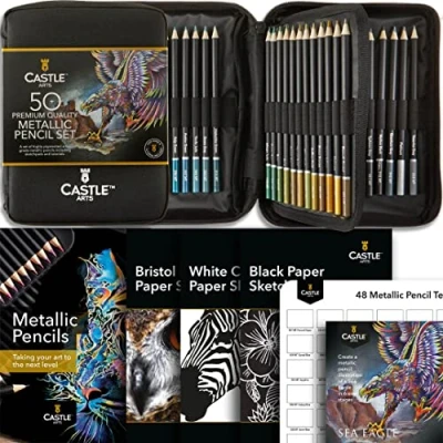 Afbeelding van Castle Art Supplies 48 metallic kleurpotloden set met extra&#039;s Kwalitatieve waskernen glinsterende tinten voor professionele, volwassen artiesten, kleurexperts In sterke draagtas