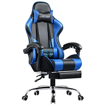Afbeelding van GTPLAYER Massagegame Stoel, Ergonomische Stoel met Voetsteun, Bureaustoel Verstelbare Lendensteun en Hoofdsteun, Blauw