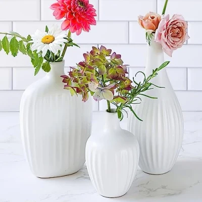 Afbeelding van Keramische minimalistische witte vazen met textuur (set van 3) Boho voor pampasgras, eucalyptus, droge bloemen en planten plankdecoratie, schoorsteendecoratie, tafelstuk