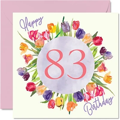 Afbeelding van mooie 83e verjaardagskaarten voor vrouwen aquarel tulpen bloemen boeket gelukkige verjaardagskaart haar oma oppas Gran moeder verjaardagscadeaus, 145 mm x wenskaarten cadeau