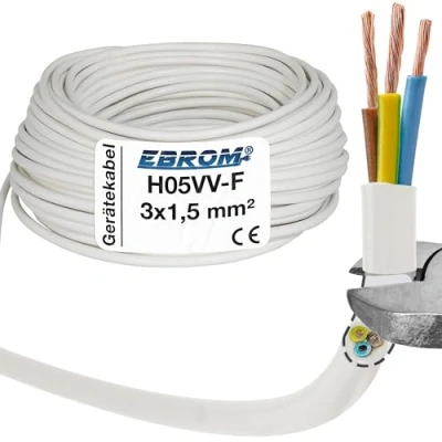 Afbeelding van EBROM Kunststof slangleiding rond, kabel, stroomkabel, apparaatkabel H05VV F 3x1,5 mm² 3G1,5 kleur: wit vele lengtes in stappen van 5 meter tot 150 meter, uw kabellengte: