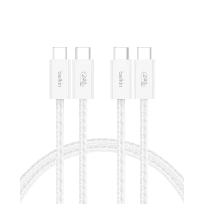 Afbeelding van Belkin 2 Pack Gevlochten USB C/USB C Kabel, 1,5M, 240 W zachte, flexibele to Type snellaadkabel voor iPhone 16 en 15 series, Galaxy S25, Pixel 9, iPad Pro meer wit