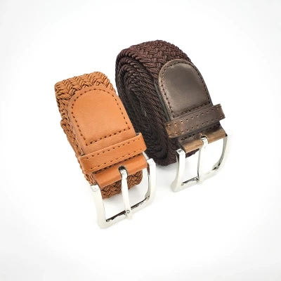 Afbeelding van 2 pack deal Elastische broekriem Stretch riem Vlecht Gevlochten Elastiek unisex Kleur Bruin Cognac