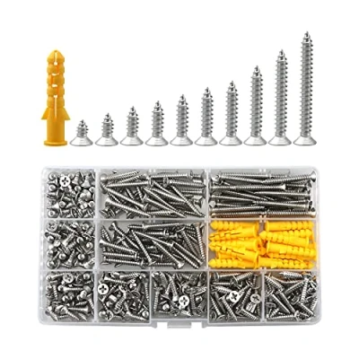 Afbeelding van M4 zelftappende schroeven met platte kop, 380 stuks metalen kruiskopschroef, assortiment uitbreidingsmuurpluggen, roestvrijstalen zelfborende schroef (8/10/12/14/16/18/20/25/30/35mm) (zilver)