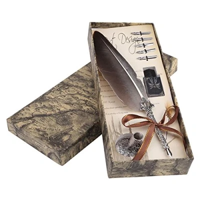 Afbeelding van Retro Quill Feather Pen Set kalligrafie schrijfveer voor Kerstmis, verjaardagscadeaus met 5 veren in geschenkdoos (zwart)