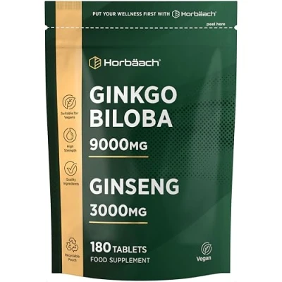 Afbeelding van Ginkgo Biloba en Ginseng Tabletten Hoge sterkte 9000mg &amp; Koreaanse Wortel 3000mg 180 Vegan door Horbaach