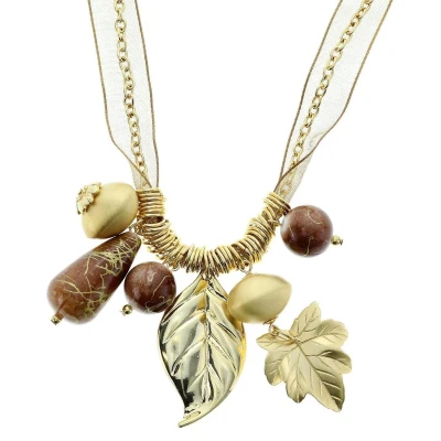 Afbeelding van Behave Goudkleurige ketting met lint en bladvormige hangers