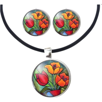 Afbeelding van Set Tulp clip oorbellen zilverrand en ketting Charme Bijoux