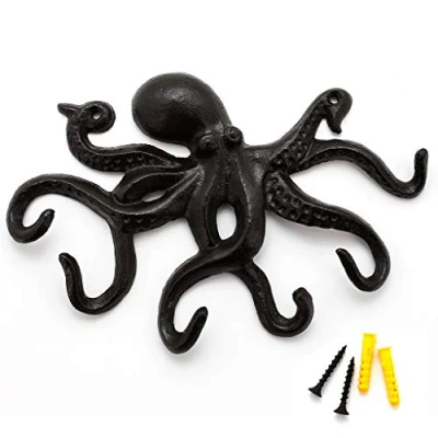 Afbeelding van Chas Bete haak gietijzeren vintage wandhaak, rustieke kapstok, octopus wandhaak zwart met 6 haken