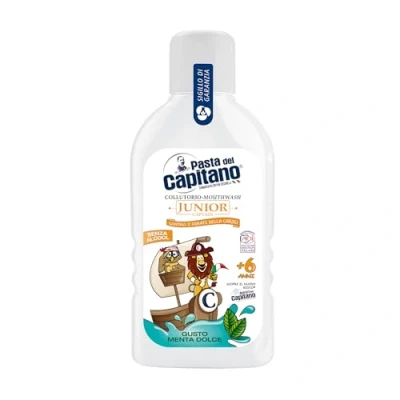 Afbeelding van Pasta del Capitano, Junior mondwater met zoete munt, zonder alcohol, voorkomt de vorming van cariës, ideaal voor kinderen vanaf 6 jaar, 100% Made in Italy, fles 400 ml