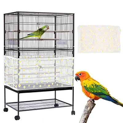 Afbeelding van Yepper Grote vogelkooihoes, vogelkooi zaadvanger, verstelbaar zacht nylon gaas net met madeliefjespatroon, rok, zaadbeschermer voor papegaai, parkiet ara ronde vierkante kooien (wit)