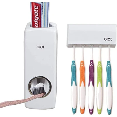 Afbeelding van Olet Automatische tandpastadispenser, tandpastapers en tandenborstelhouder, set (set met 5 tandenborstels), wit