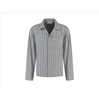Afbeelding van Yumeko pyjamashirt heren velvet flanel lichtgrijs/blauw stripe xl