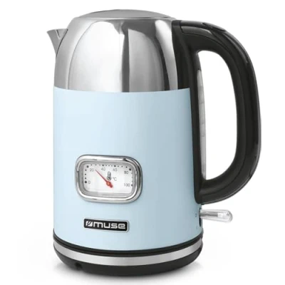 Afbeelding van Muse Roestvrijstalen retro waterkoker met analoge temperatuurweergave, wasbaar filter, transparante schaal, 1,7 l inhoud, automatische uitschakeling, pastelblauw