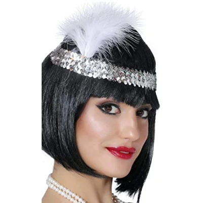 Afbeelding van Charleston Flapper Hoofdband met veer en glitters zilver Dames jaren 20/Twenties thema Verkleedhaardecoratie