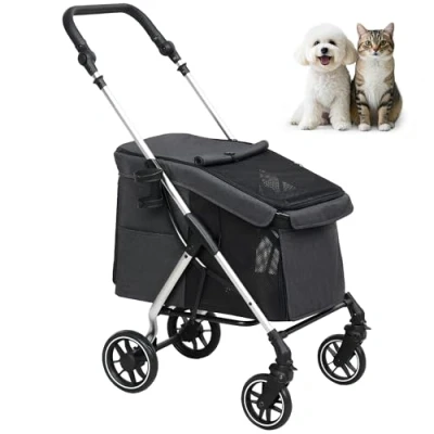 Afbeelding van PawHut Hundewagen Hundebuggy klappbar für Hunde &amp; Katzen bis 10 kg Katzenbuggy mit Kissen Netzfenstern Türen Aufbewahrungskorb Katzenwagen Buggy Grau