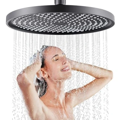 Afbeelding van JINYOMFLY Zelfreinigende regendouche, douchekop, 10 inch, vaste grote ingebouwde douchekoppen, hoofddouche, ronde regendouchekop, douchekop tuindouche (zwart)